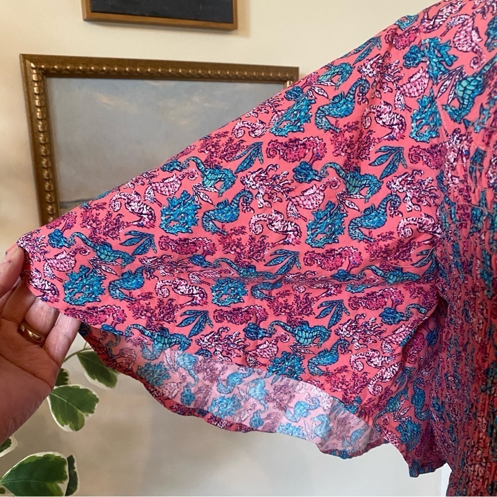 Simply Southern • Pink & Blue Seahorse Print Smocked Flutter Sleeve Top • Sz XL - Picture 5 of 7
